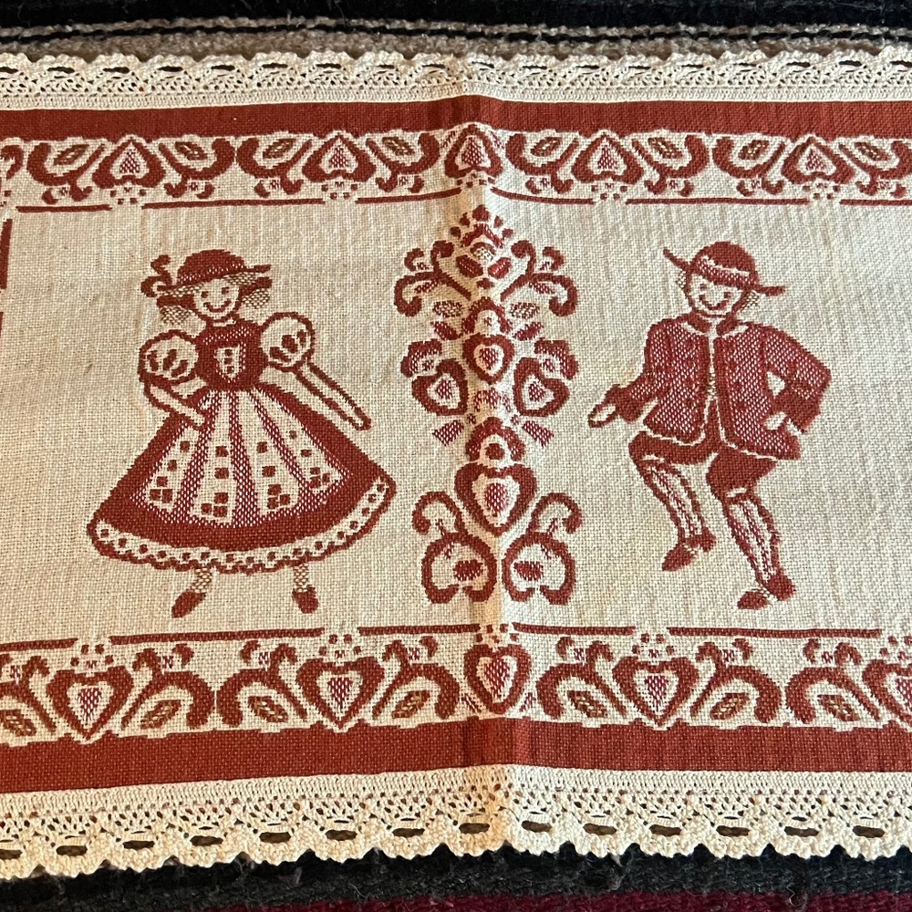 German: Placemat in Rustic Red and Cream.... Trimmed in Lace  (Dancing Couple)